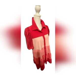 TCEC Multi-Color Pink Shades Front Button Sequin Puff Sleeve Shirt Dress, Medium